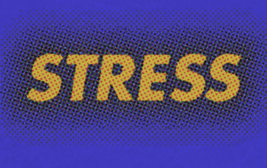 a blue background with the word stress in all caps. The word is yellow and italicized