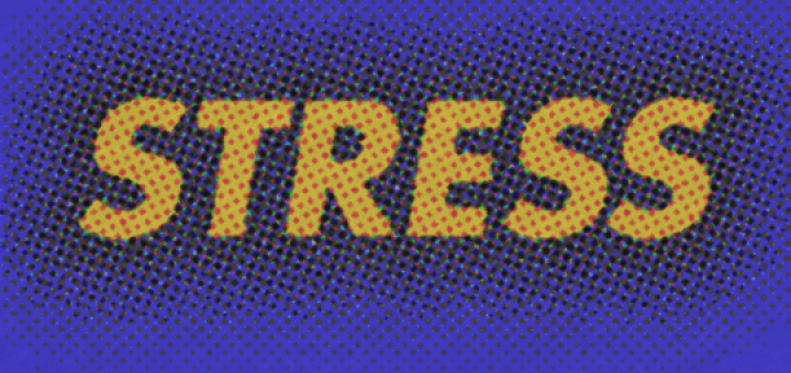 a blue background with the word stress in all caps. The word is yellow and italicized