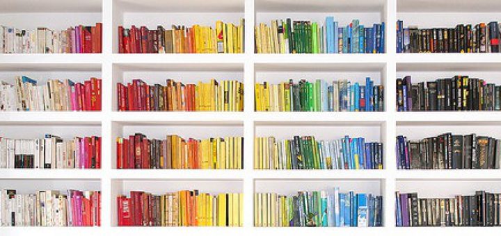 a white bookshelf with 16 shelves. The books are arranged in a rainbow by color going from left to right.