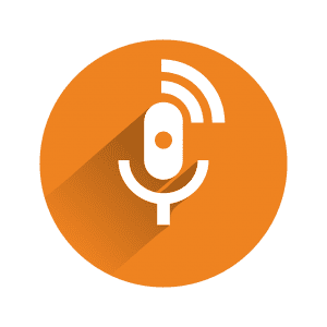 white background with an orange circle. A white, stylized microphone is in the center.