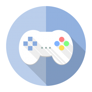 A video controller is centered in a circle split into two halfs of light blue and dark blue