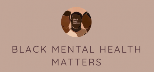 Beige background with art of three (3) black people. The center person has white text over the face that says Black Lives Matter. Below, in brown text the phrase Black Mental Health Matters in all capital letters