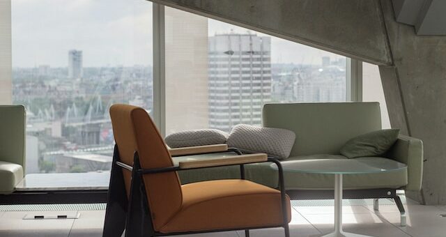 this is a picture of office furniture in what seems to be a high-rise building.