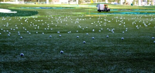 a field with a lot of golf balls